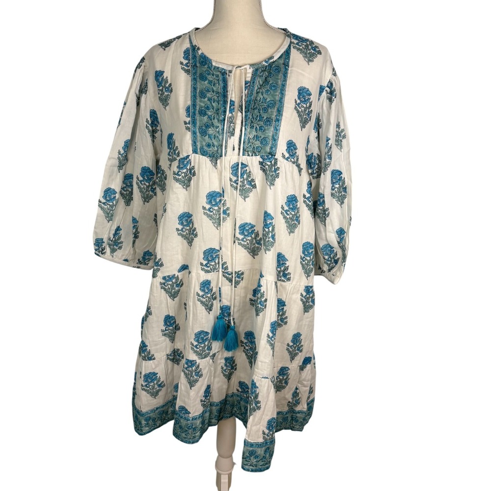 NWT Victoria Dunn Blue Turquoise Boho Tassel Block Print Floral Dress Size 2XL